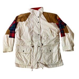 London Fog Plaid-Accented White Jacket Suede Shoulder Patches Red Lining Large